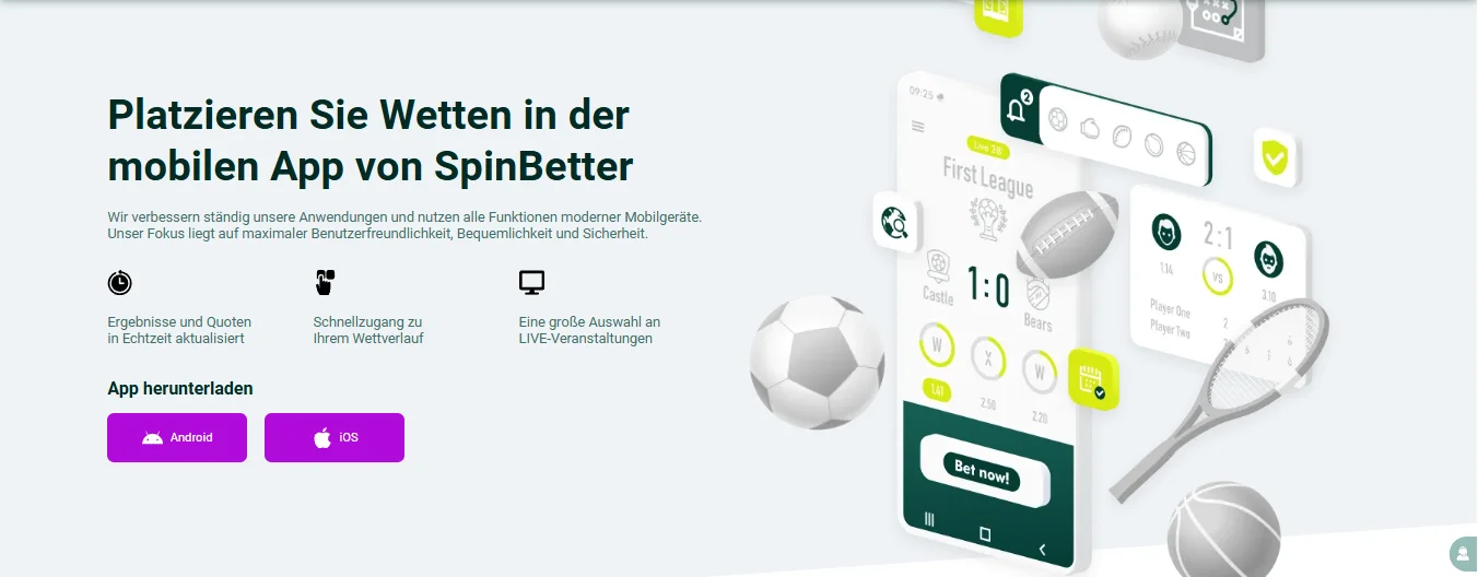Download-Bereich der SpinBetter App mit Android- und iOS-Optionen