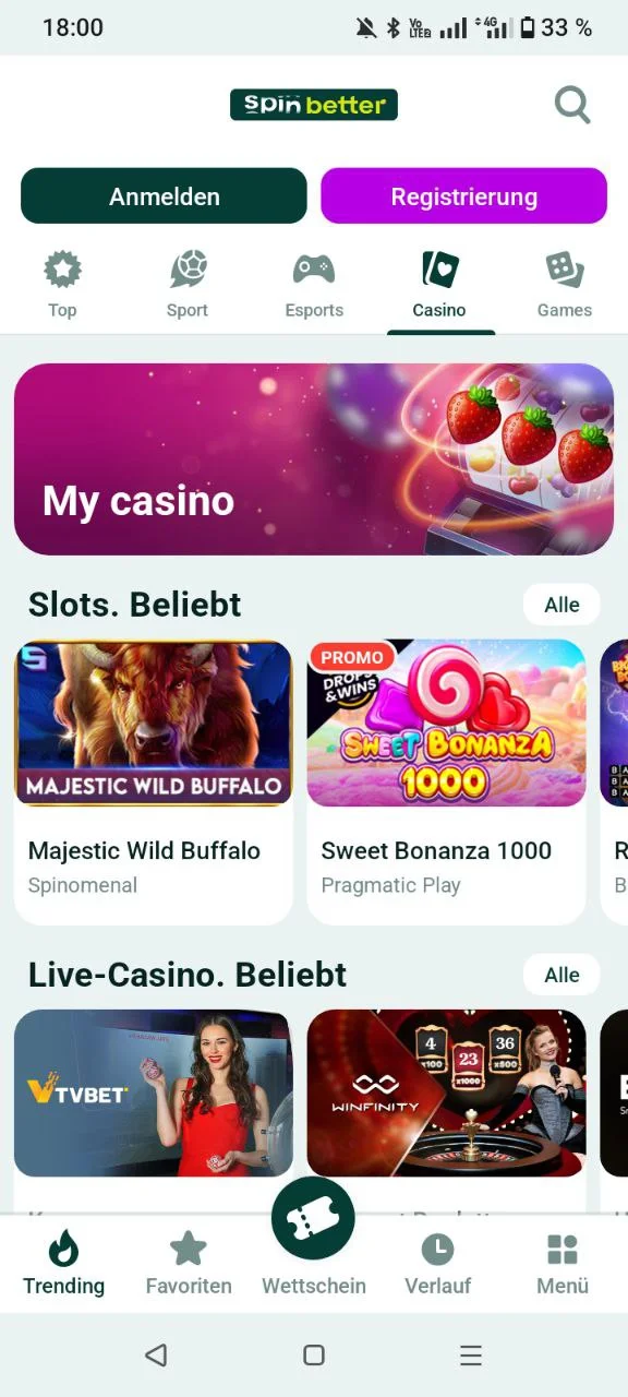 Casino-Bereich der SpinBetter App mit beliebten Slots