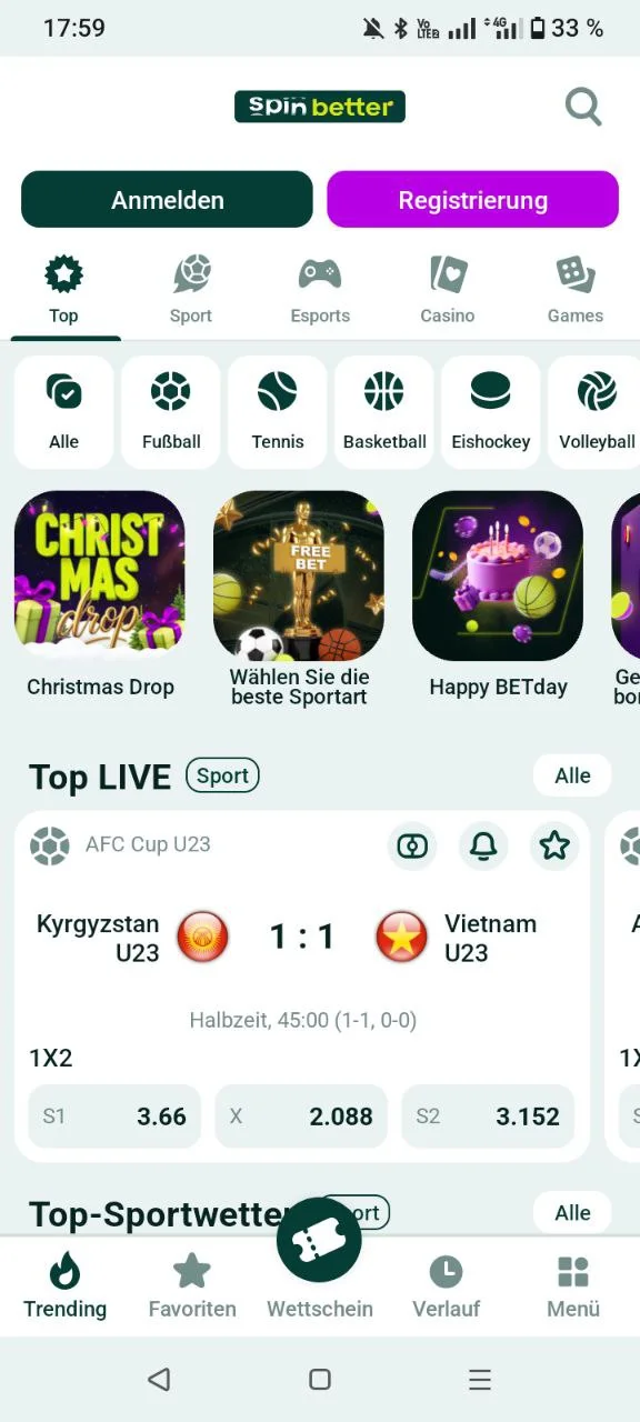 Hauptbildschirm der SpinBetter App mit Sport- und Casino-Navigation