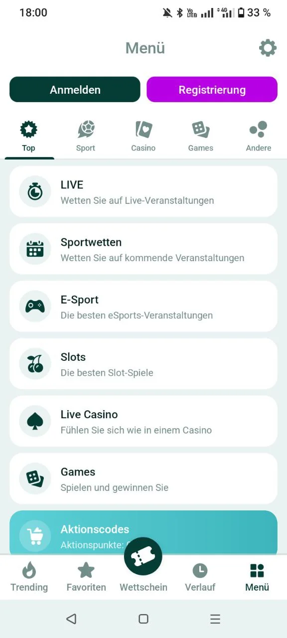 Menü der SpinBetter App auf dem iPhone mit allen Bereichen