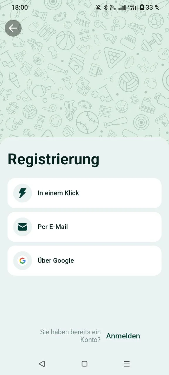 Registrierungsbildschirm der SpinBetter App mit drei Optionen