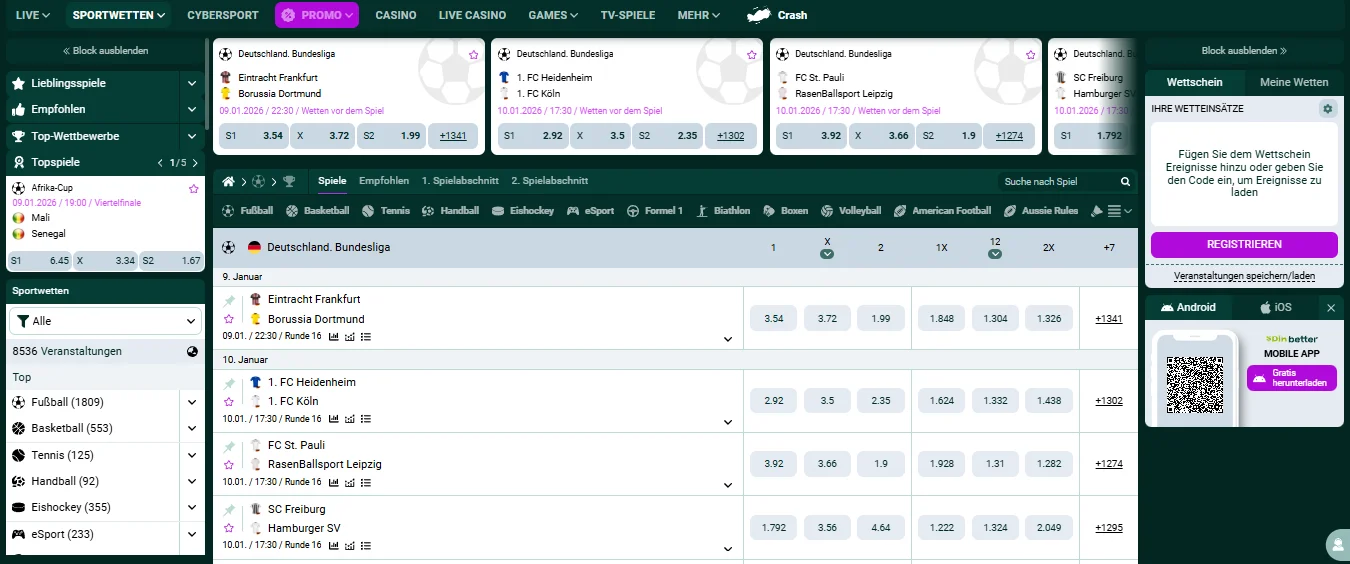 Sportwetten-Oberfläche mit Live-Quoten auf SpinBetter