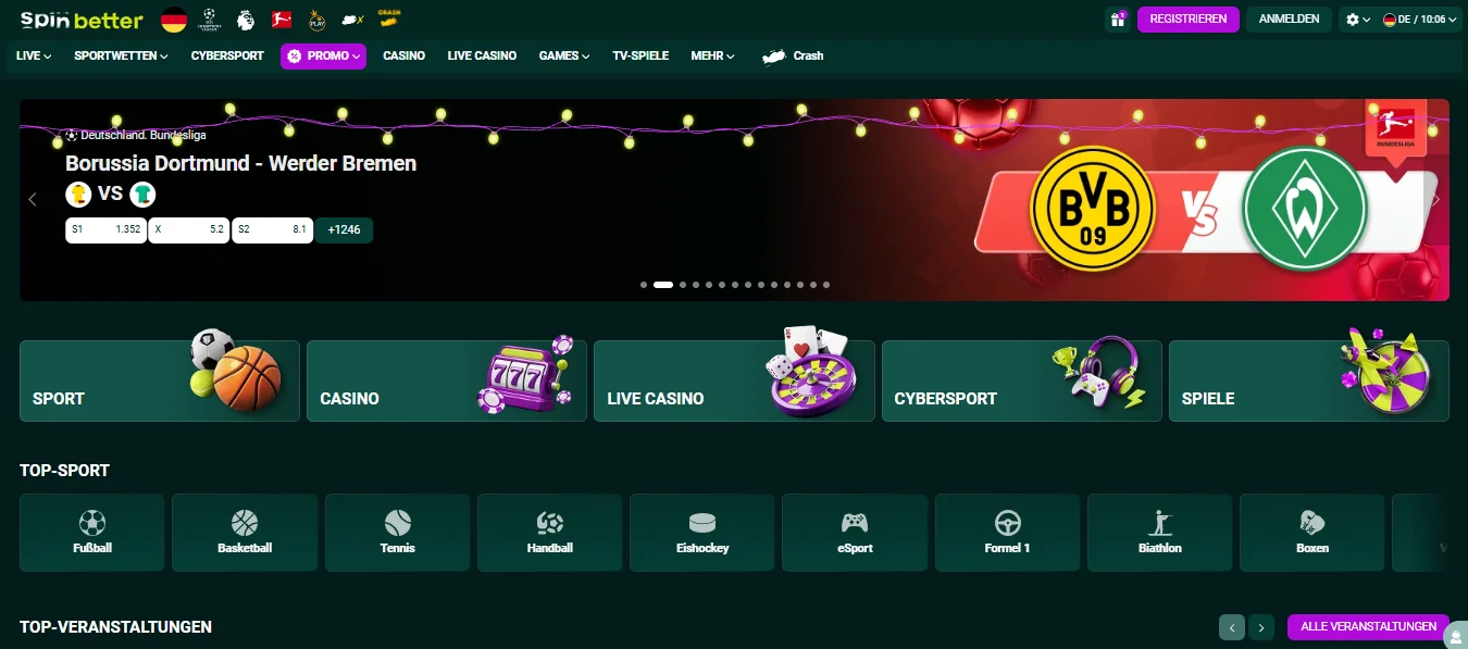 Startseite der SpinBetter Plattform mit Sportwetten und Casino